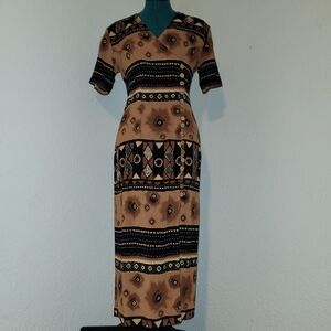 70's Marnie West Linen Brown Striped Pattern Short Sleeve Side Buttons Dress #6